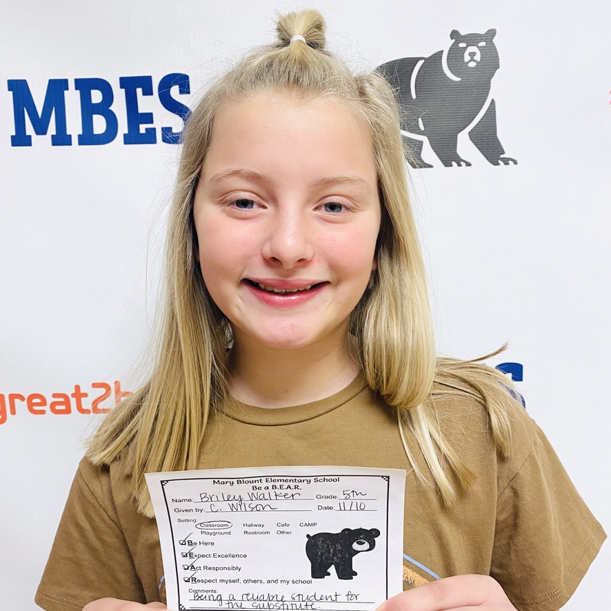 MaryBlountK5's tweet photo. Congratulations to 5th grader, Briley Walker, for earning a #bearpaw 🐾 Briley has been present, expected excellence, acted responsibly, and respected others and our school.   Way to be a B.E.A.R!  Great job, Briley.   #waytogobears🐻 #great2beabear https://t.co/FuWcQxTNWS