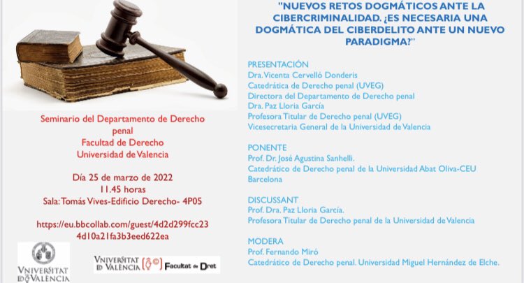 🔴 el próximo viernes tenemos la primera sesión del Seminario del Departamento  de Derecho Penal de la <a href="/DretUV/">Facultat de Dret UVEG</a> con dos grandísimos de la Cibercrimibalidad. <a href="/JoseRAgustina/">JR Agustina</a> y <a href="/FernandoQPH/">Fernando Miró-Llinares</a> Va a ser un lujo. Aquí os lo dejo 👇🏼👇🏼