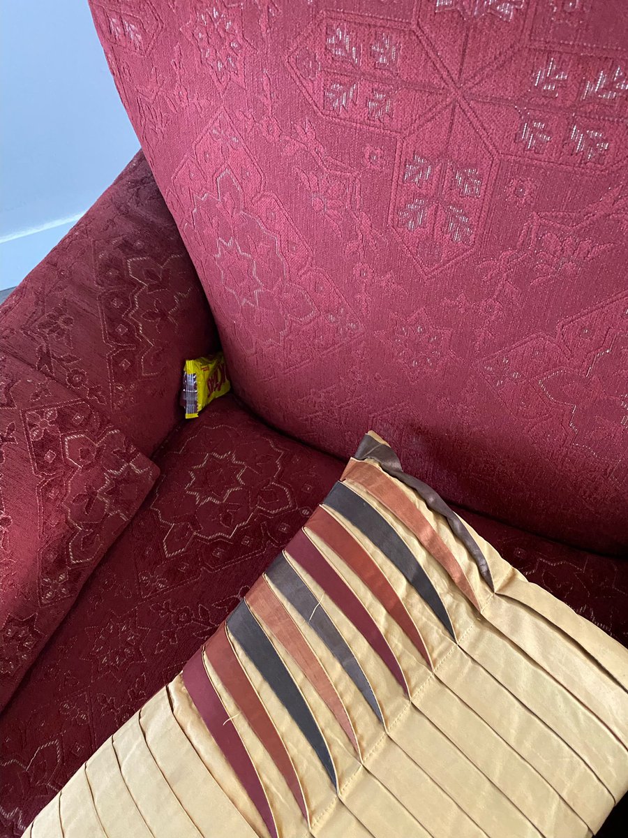 KatieCasss's tweet photo. My parents’ dog always gets into stuff when she’s alone but can’t eat it all so she hides it in the couch for safekeeping https://t.co/suh8L7jYYm