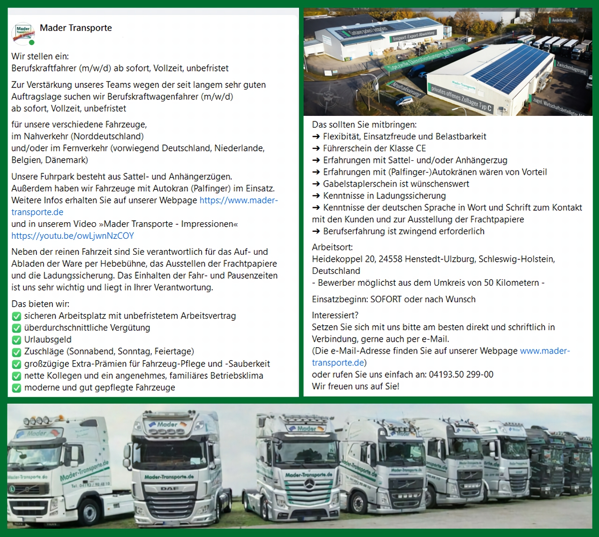 MaderTransporte's tweet photo. Zur Team-Verstärkung suchen wir #Fahrer (m/w/d) mit Berufserfahrung, sofort oder nach Wunsch, unbefristet für unsere Sattel-, Anhängerzüge und für Lkws mit #Autokran
Interesse? ☎ 04193 5029900
#Berufskraftfahrer #Kraftfahrer #Stellenanzeigen #Stellenmarkt #Jobanzeige #Jobs https://t.co/OOi8Rw9c6u