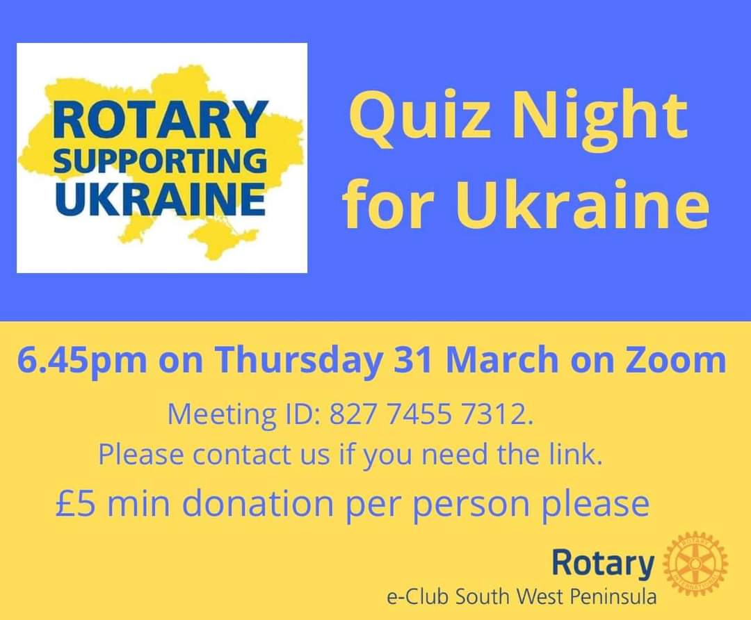 eclubswp's tweet photo. Following on from our #SpeakerNight this Thursday 24th (Rotary Peace Centres)
https://t.co/yndKiPYjjb
On Thursday 31st March @eclubswp are having a #QuizNight on #Zoom raising funds for #Ukraine 🇺🇦
Members and non- members welcome to join us for both evenings 🙂🙏 https://t.co/Da3WHMagNU