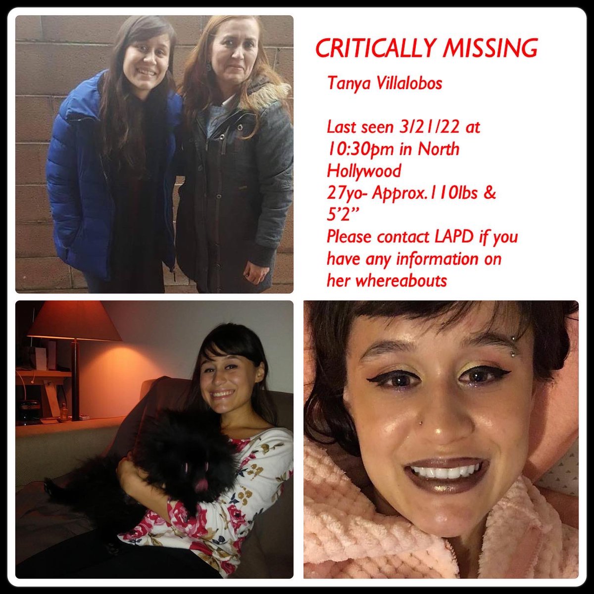 Malaria36's tweet photo. CRITICALLY MISSING:
Please share. 
My best friend Tanya Villalobos is missing and we need help finding her. She was last seen leaving her apartment in North Hollywood around 10:30pm last night after posting cryptic messages online. 

Please retweet, share, and pray. Thank you! https://t.co/hnRxziw5NW