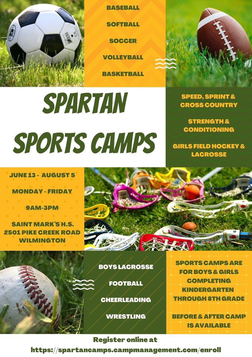SaintMarksHS's tweet photo. Students in K-8 may register for our Spartan Sports Camps this summer!

🏈Football
📣Cheerleading
🏐Volleyball
⚽️Soccer
🏑Field Hockey
🏀Basketball
🤼‍♂️Wrestling
🥍Lacrosse
🥎Softball
🏃🏻‍♀️Speed, Sprint &amp; Conditioning
🏋🏾Strength &amp; Conditioning

Register today @ https://t.co/D7sTQw9mRv https://t.co/dVCMjnhO1B