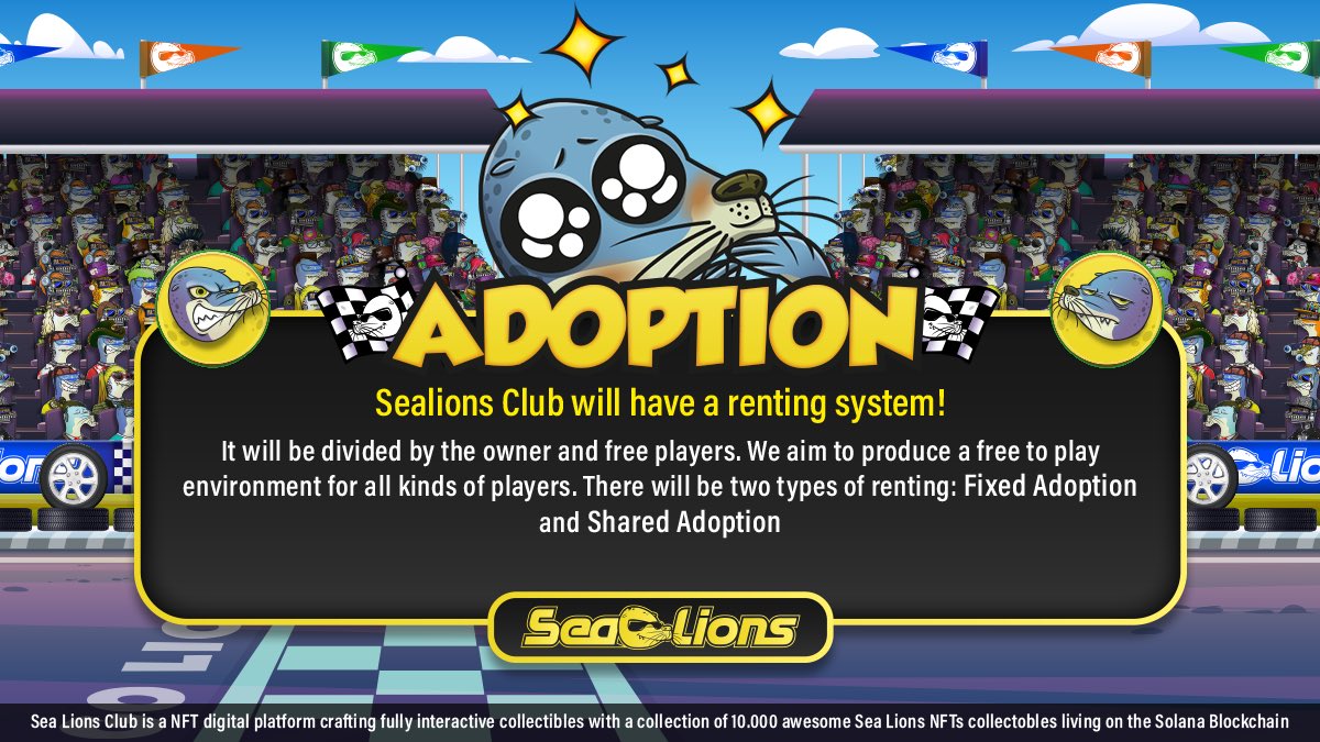SeaLionsNFT's tweet photo. What up Sealions! 🚨

Good news! Sealions Club will have a renting system. 🎉🚀

What else can we ask? We have NFTs, a Play to Earn game and passive income with NFT staking. A perfect combination of fun and profit.

#Staking #NFT #Solana https://t.co/SmfQf0en87