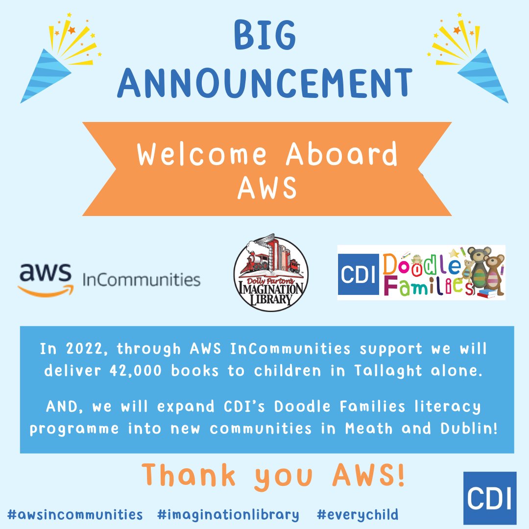 twcdi's tweet photo. Welcome Aboard @awscloud!

We are still buzzing from the appearance of our Literacy Coordinator on the @RTELateLateShow AND we are delighted to announce that AWS is on board to get more @dollyslibrary books into the hands of more children 🎉

THANK YOU @awscloud 🤩 https://t.co/ExOk7VI5jv