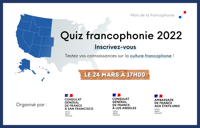 Pour célébrer le Mois de la francophonie, le Consulat général de France à San Francisco  propose un quiz en ligne !
Rendez-vous jeudi à 17h : des lots seront remis aux vainqueurs 🇫🇷 inscription : bit.ly/37GO6rg

#Francophonie  #BayArea #SiliconValley #France #California