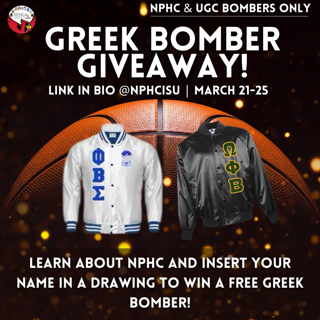 NPHC_ILSTU's tweet photo. Stay tuned to our page to learn more about the NPHC on ISU’s campus! Also, UGC and NPHC Chapters can click the link below for a chance to win a free Greek Bomber! 

https://t.co/dOSIiAs1lQ

#ISU25 #ISU24 #ISU23 #ISU22 #NPHC #D9 https://t.co/YmuIzdQPRw