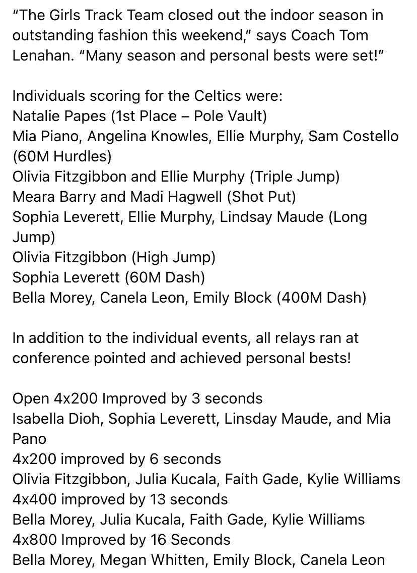 PCHS_Celtics's tweet photo. Congratulations to Providence Catholic's Girls Track Team!

“The Girls Track Team closed out the indoor season in outstanding fashion this weekend,” says Coach Tom Lenahan. “Many season and personal bests were set!” https://t.co/Zck6HNF5RQ