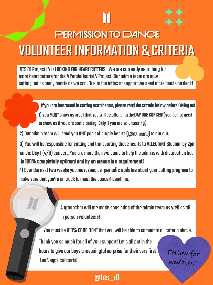 bts_d1's tweet photo. ✂️LOOKING FOR HEART CUTTERS ✂️

Due to the influx of support, we’re sending paper to YOU to be cut for the #PurpleHeartsLV Project. Read the flyer below for more information!

Please make sure you meet the criteria  BEFORE DM’ing us!

-
#PTD_ON_STAGE_LAS_VEGAS #PermissionToDance https://t.co/jSINEleodu