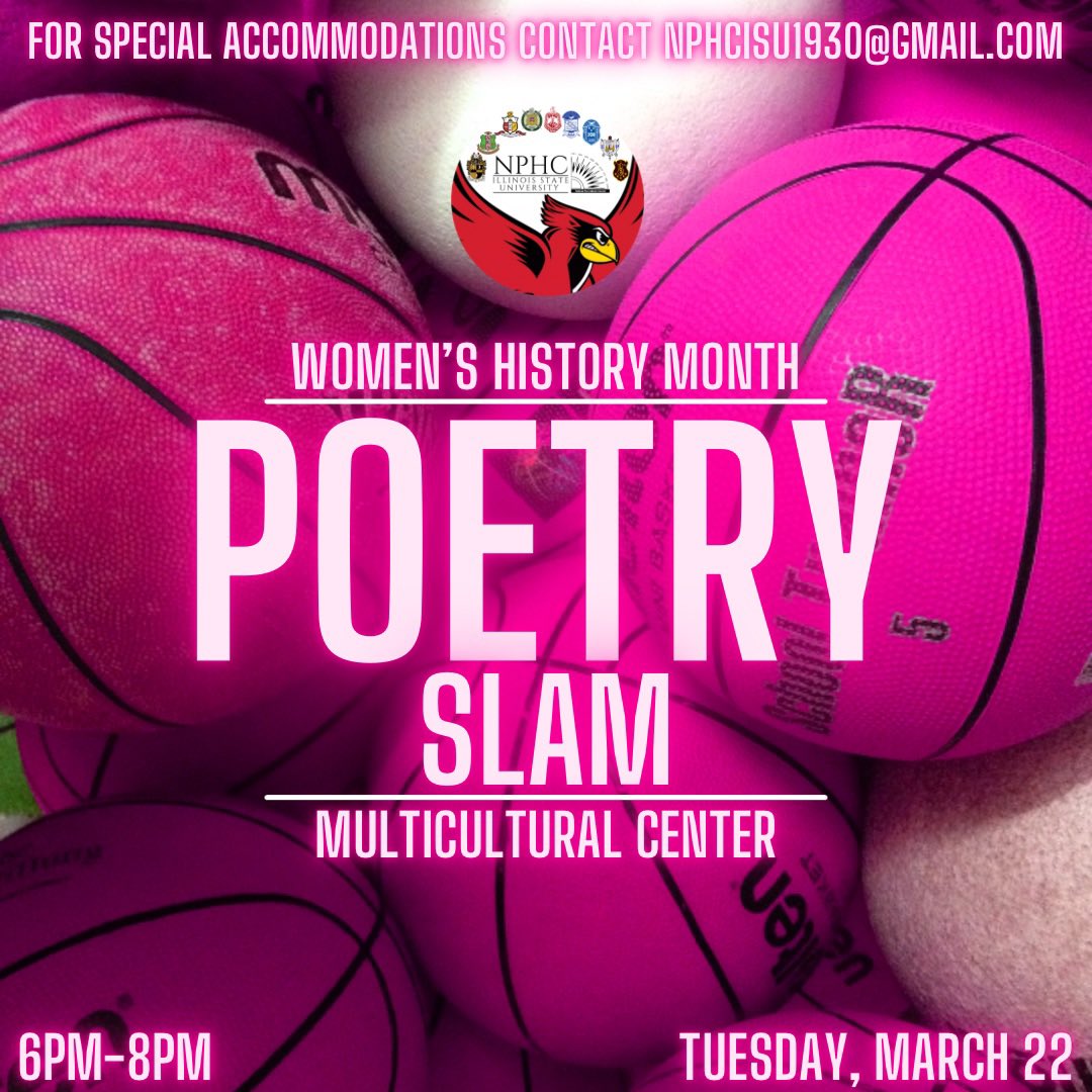 NPHC_ILSTU's tweet photo. Join us during Women’s History Month for a Poetry Slam! Click the link below if you would like to perform!

https://t.co/co61v0uY35

#ISU25 #ISU24 #ISU23 #ISU22 #NPHC #D9 https://t.co/gExY3SFvjm
