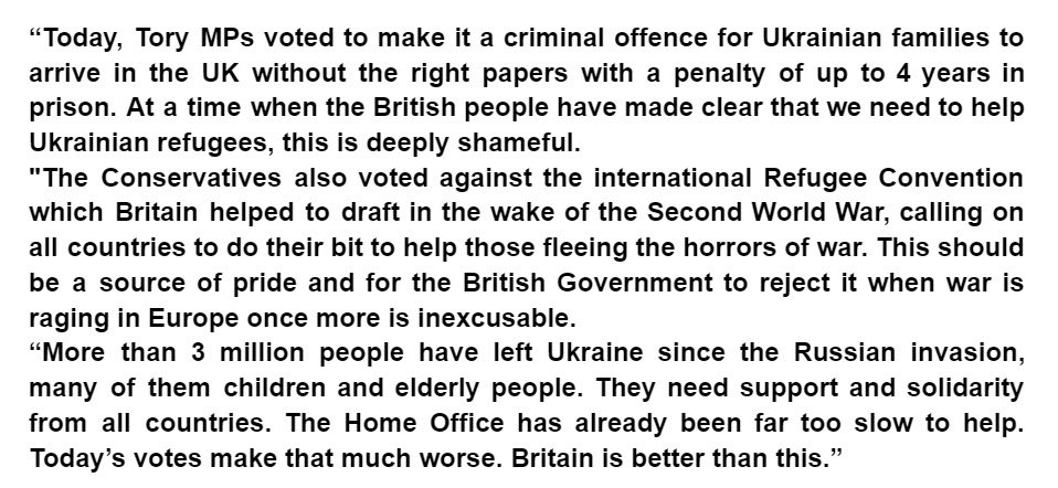 Tory Govt just voted to make it a criminal offence for Ukrainian families to arrive in UK without the right papers with a penalty of up to 4yrs in prison. 

At a time when British people have made clear we must help Ukraine, this is truly shameful. Our country is better than this