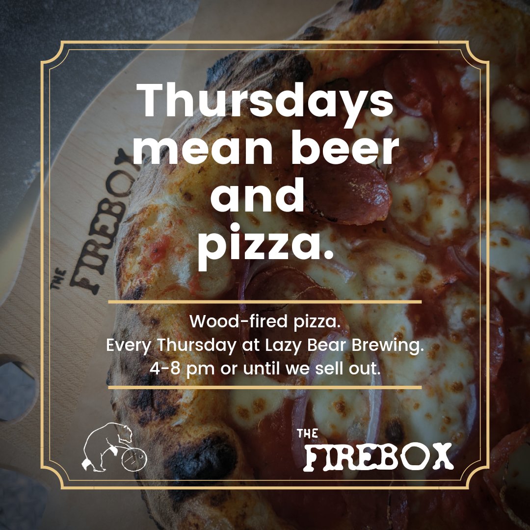 LazyBearBrewing's tweet photo. Have you heard? The Firebox will be open Thursdays from 4-8 (or until we sell out)!
What's The Firebox? It's our wood-fired pizza oven. Our menu will vary by week. You can dine at the brewery with a pint or take it home with a six-pack. We hope you'll come try it this Thursday! https://t.co/afs68qdqfj