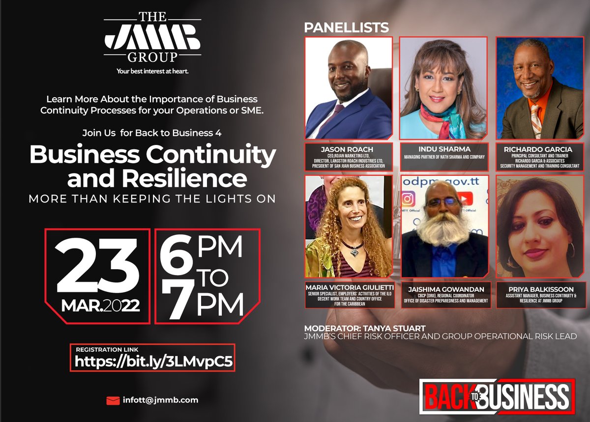 jmmbgrouptt's tweet image. 𝗥𝗲𝗴𝗶𝘀𝘁𝗲𝗿 𝗧𝗼𝗱𝗮𝘆!

🗒 Topic: Business Continuity &amp;amp; Resiliency - More than Keeping the Lights On.
📅 Date: 23rd March 2022
⏰ Time: 6pm-7pm
💻 bit.ly/3LMvpC5

#jmmbtt #jmmbgrouptt #JMMBSME #SMEResourceCentre

#webinarseries #marketing #back2busines #SME