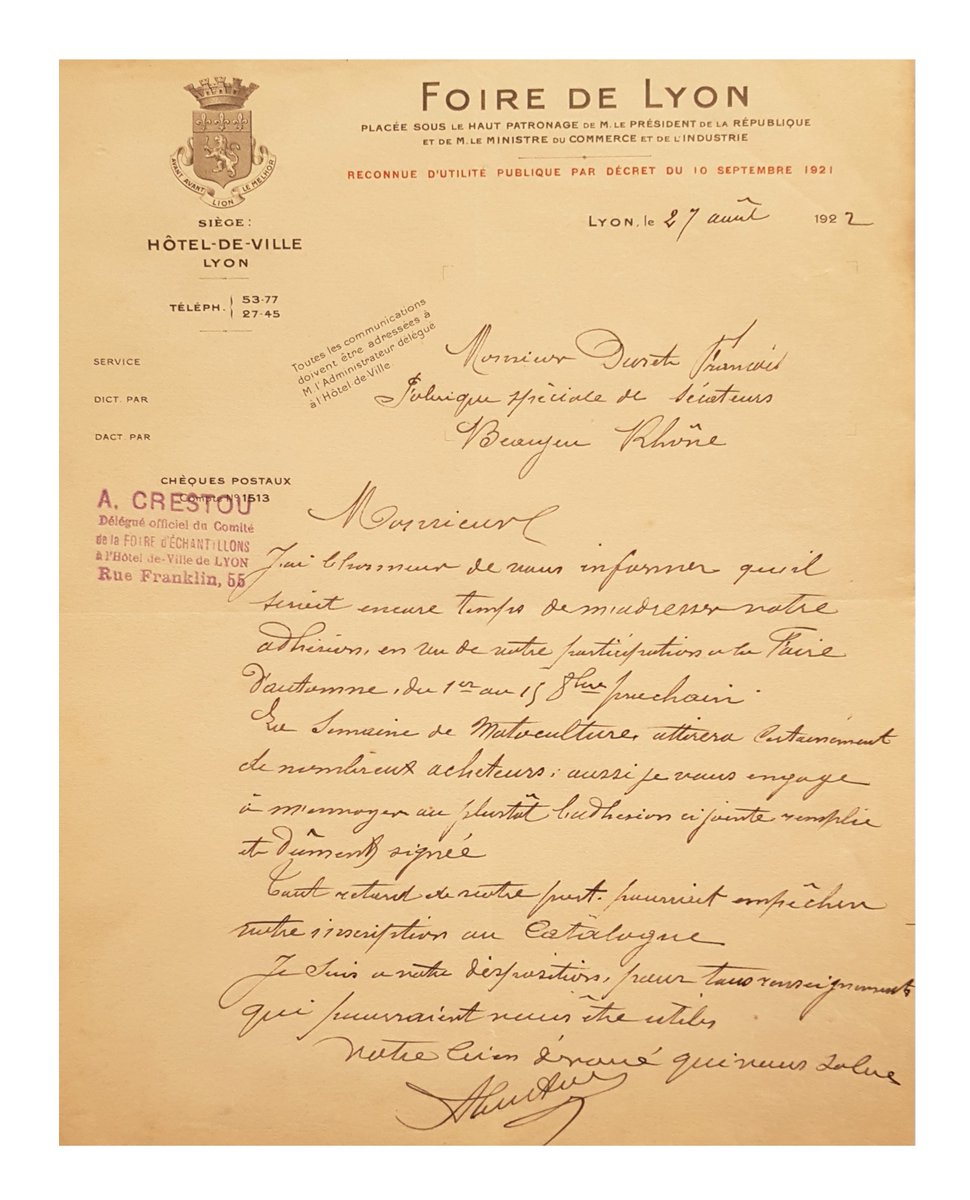 rdefranqueville's tweet image. La célèbre foire de #Lyon cuvée 2022 a commencé le WE dernier. J'en profite pour publier ici 2 courriers centenaires, datés de 1922 ! Adressés à M. #Duret, vendeur de sécateurs &amp;amp; articles viticoles à #Beaujeu
#Foiredelyon #eurexpo #glevents @foiredelyon #rhone #commerceautrefois