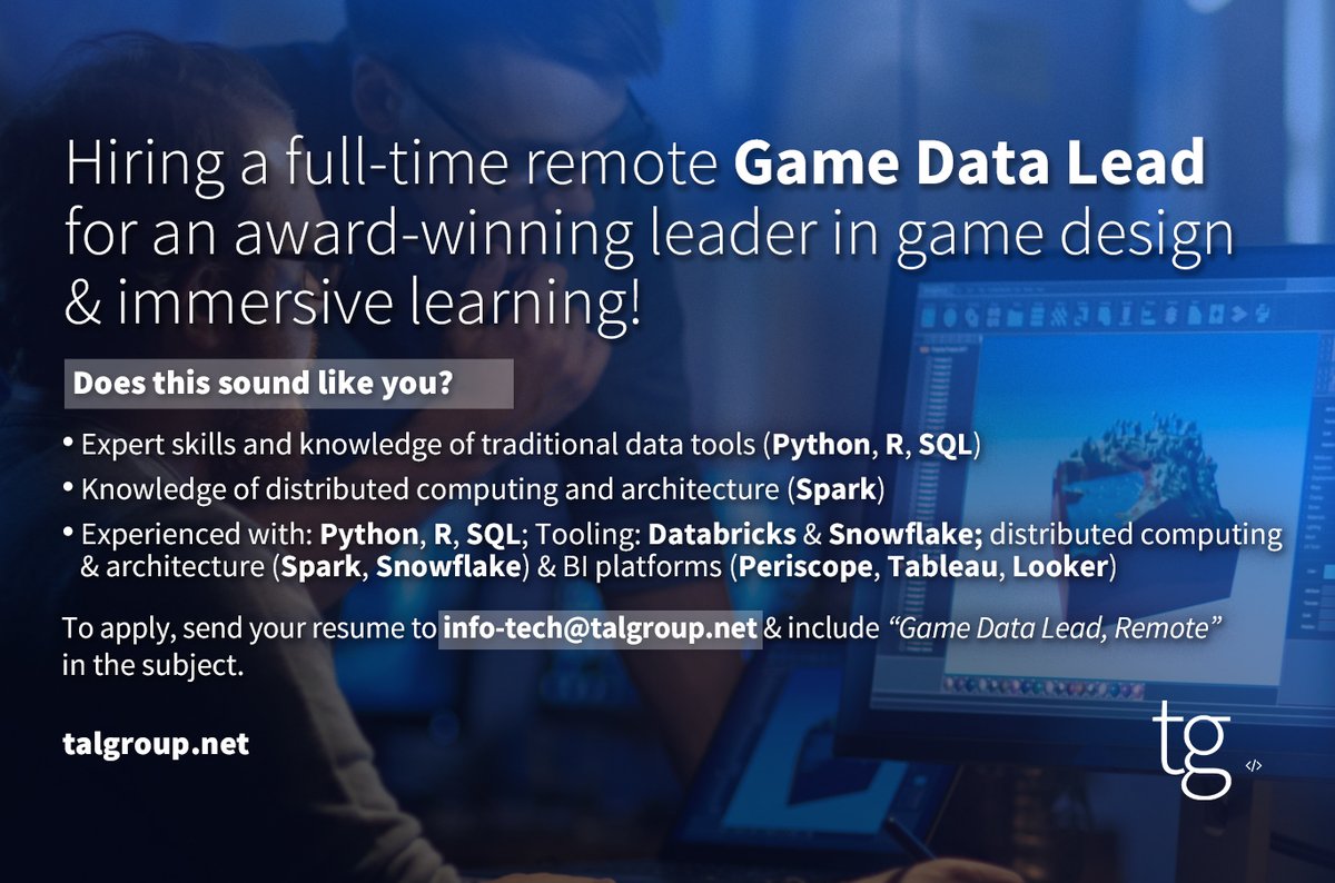 talgroupUSA's tweet photo. Hiring a #remote Game Data Lead! Must have expert skills and knowledge of traditional data tools (#Python, R, #SQL), and knowledge of distributed computing and architecture (#Spark). Apply: https://t.co/PqVaPo0aqW
#Game #DataLead #Snowflake #Remotejobs #TechJobs #JobAlerts https://t.co/aO02uo5gFG