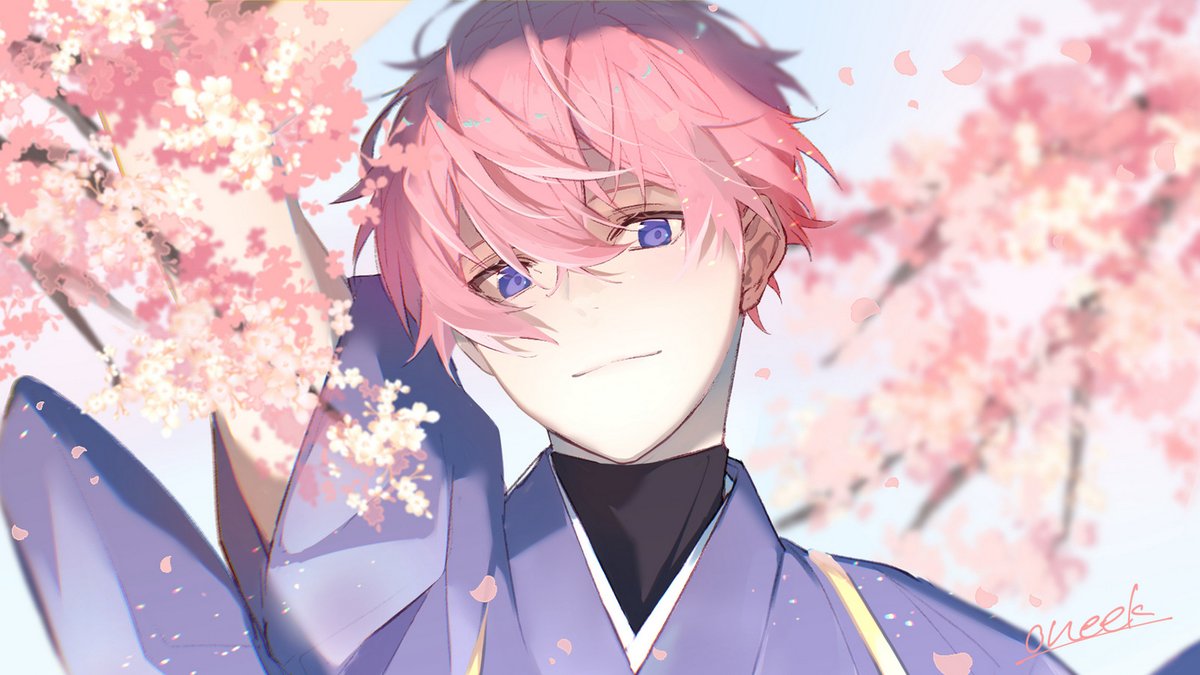 1boy male focus pink hair solo cherry blossoms japanese clothes looking at viewer  illustration images