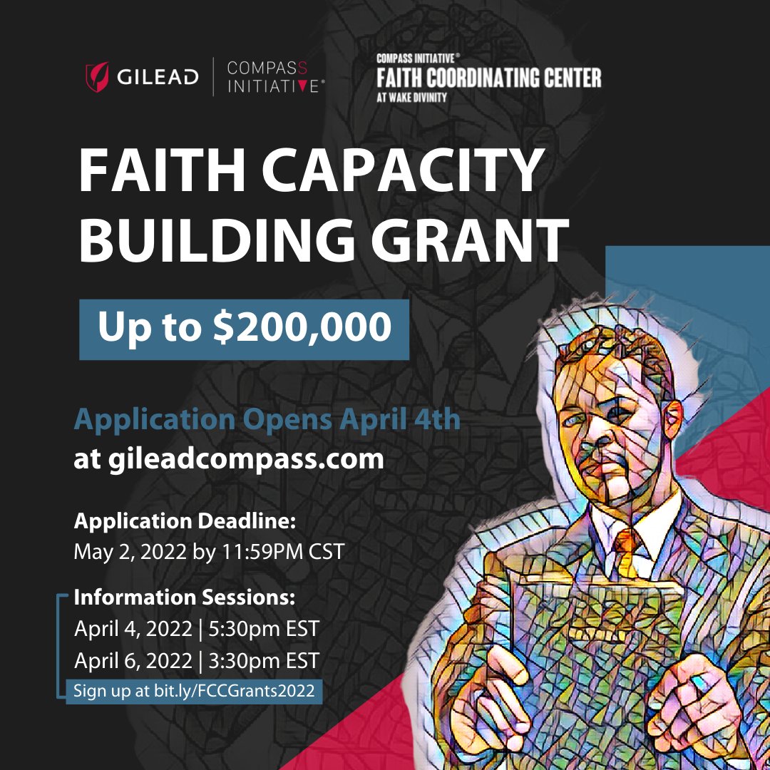 FaithCompassWFU's tweet photo. Three grants for funding that will support your team's work! Applications open 04/04 and close 05/02/22. For more info, sign up for an info session. https://t.co/wm05yW7rlg.
#share #transformingthestory
#grant #apply #gileadcompass #compassinitiative #HIVawareness https://t.co/WoiombCcxP