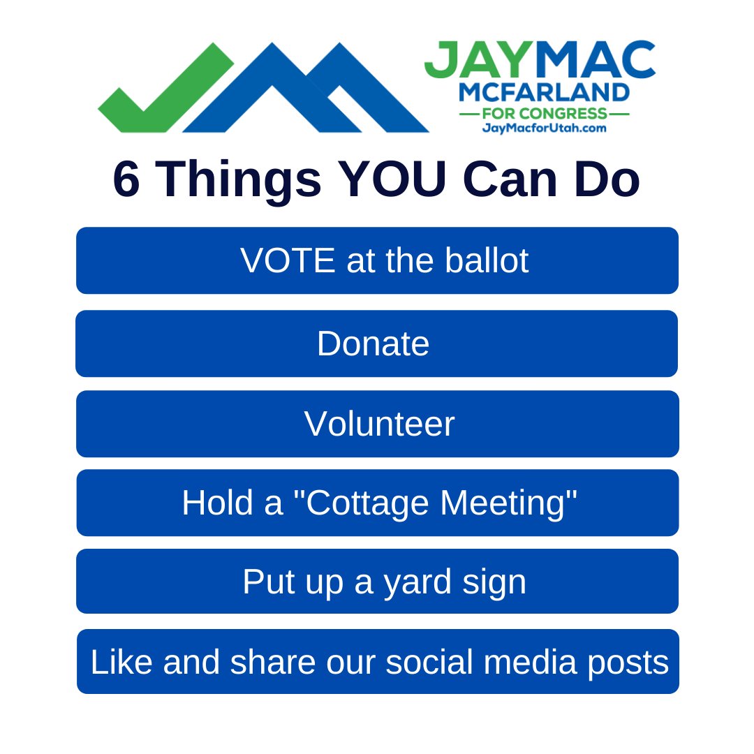JayMcfarland's tweet photo. YOU can help the JayMac campaign! 🗽 
There are many ways to help, here are six ideas: 
https://t.co/EJIP3JIzJK
#JayMacforUtah #TeamJayMac #UtahCD2 #UTCD2 #UUP #Utahpolitics https://t.co/TcrkqUgJqN