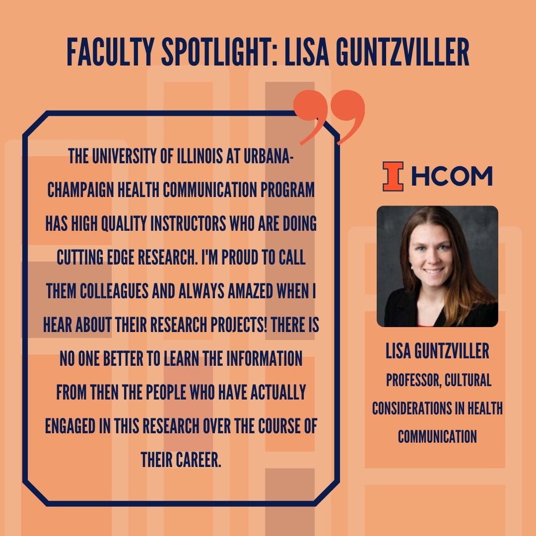 hcomatillinois's tweet photo. We are excited to share our second faculty spotlight of the semester: Lisa Guntzviller! This semester, Professor Guntzviller teaches Cultural Considerations in Health Communication. Read more about our faculty spotlight using the following link: https://t.co/xZ2t23D3nF https://t.co/UOAJ3lJE5e