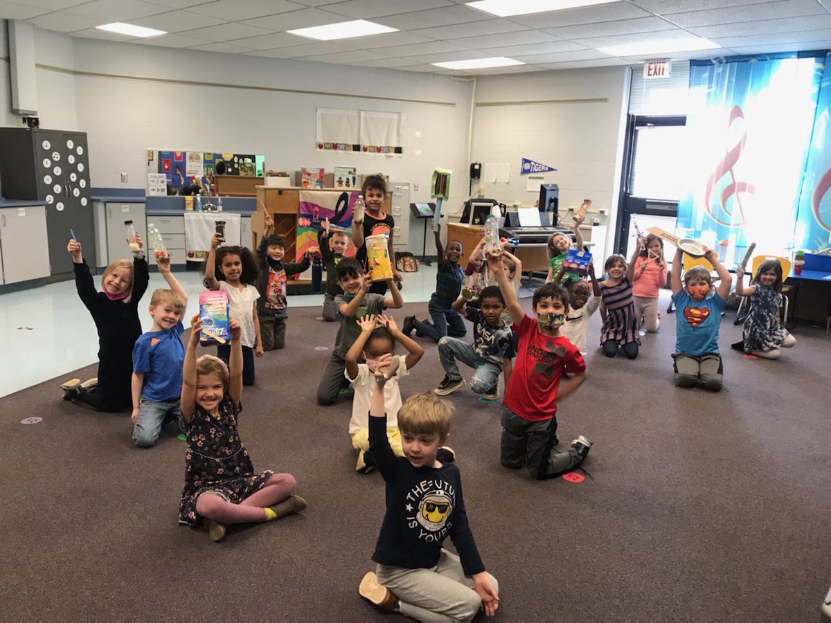twinsburgcsd's tweet photo. Mrs. Bensie's kindergarten music students are learning about found sounds and how just about anything can make music! Students constructed their very own instrument at home and demonstrated it. They had a blast playing together and hearing all of the wonderful sounds! #TCSDProud https://t.co/PWMZ2pQVhS