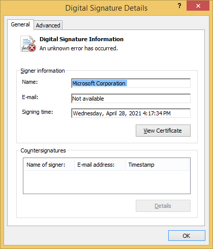 GabrielLandau's tweet photo. Microsoft just served me KB5003209 over HTTP (https://t.co/eSrdEP0FuU). Wondering about the viability of #QuantumInsert-style attacks, I corrupted the only signature hoping it would block installation. It didn't.
Even worse, I had to use Win 8.1 while discovering this😑 https://t.co/ERfmkFDsDe