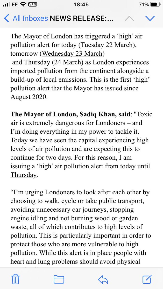 NEW: <a href="/MayorofLondon/">Mayor of London, Sadiq Khan</a> issues first high pollution warning since August 2020 for today, tomorrow &amp; Thurs. Tells Londoners to avoid unnecessary car journeys, engine idling &amp; burning wood.