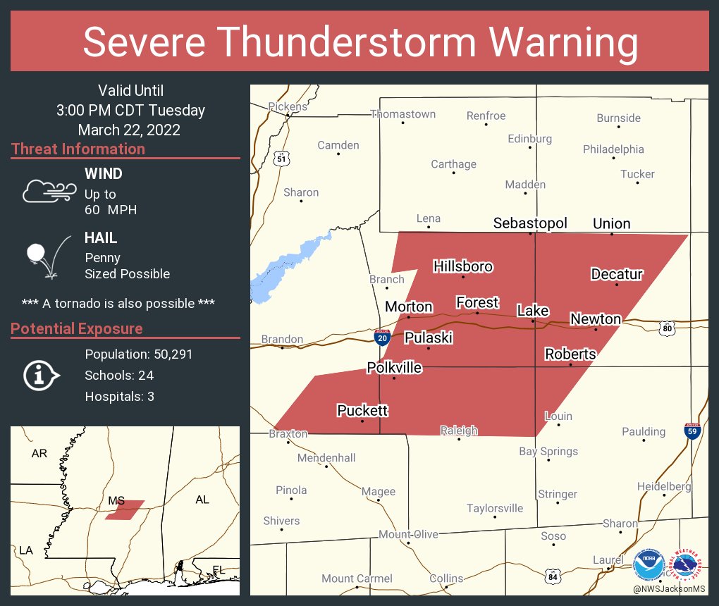 visitsmithms's tweet photo. ⚠️ ALERT: A SEVERE THUNDERSTORM WARNING has been issued for northern Smith County by @NWSJacksonMS until 3:00PM CDT. Winds up to 60 mph and penny-sized hail are possible with this line of storms. A TORNADO IS ALSO POSSIBLE. SEEK SHELTER IMMEDIATELY! https://t.co/XEbt2KAQAy