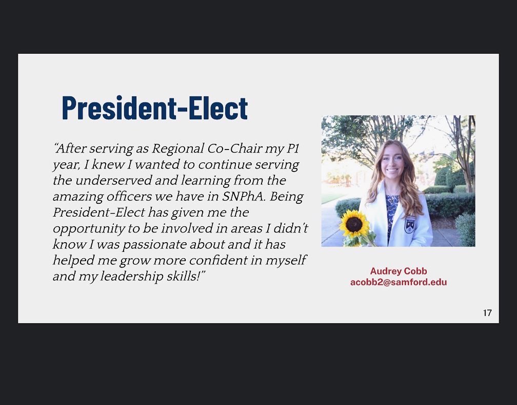 Samford_SNPhA's tweet photo. Meet our President-Elect, Audrey! Swipe left to see her roles and why she chose her position. If you are interested in being the President-Elect of SNPhA, the link is our bio to apply! Applications close on Monday March 28th at 11:59pm!! https://t.co/qWDuLnLRft
