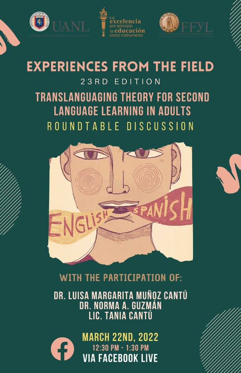 AzenethPatino's tweet photo. Don't miss the roundtable discussion about Translanguaging theory for second language learning in adults with Dr. #NormaGuzman, Dr. #LuisaMuñoz and CEO #TaniaCantú @FFyLUANL @uanl #Translanguaging Facebook live https://t.co/klzcqtUSB8 https://t.co/wTim6gLl7k