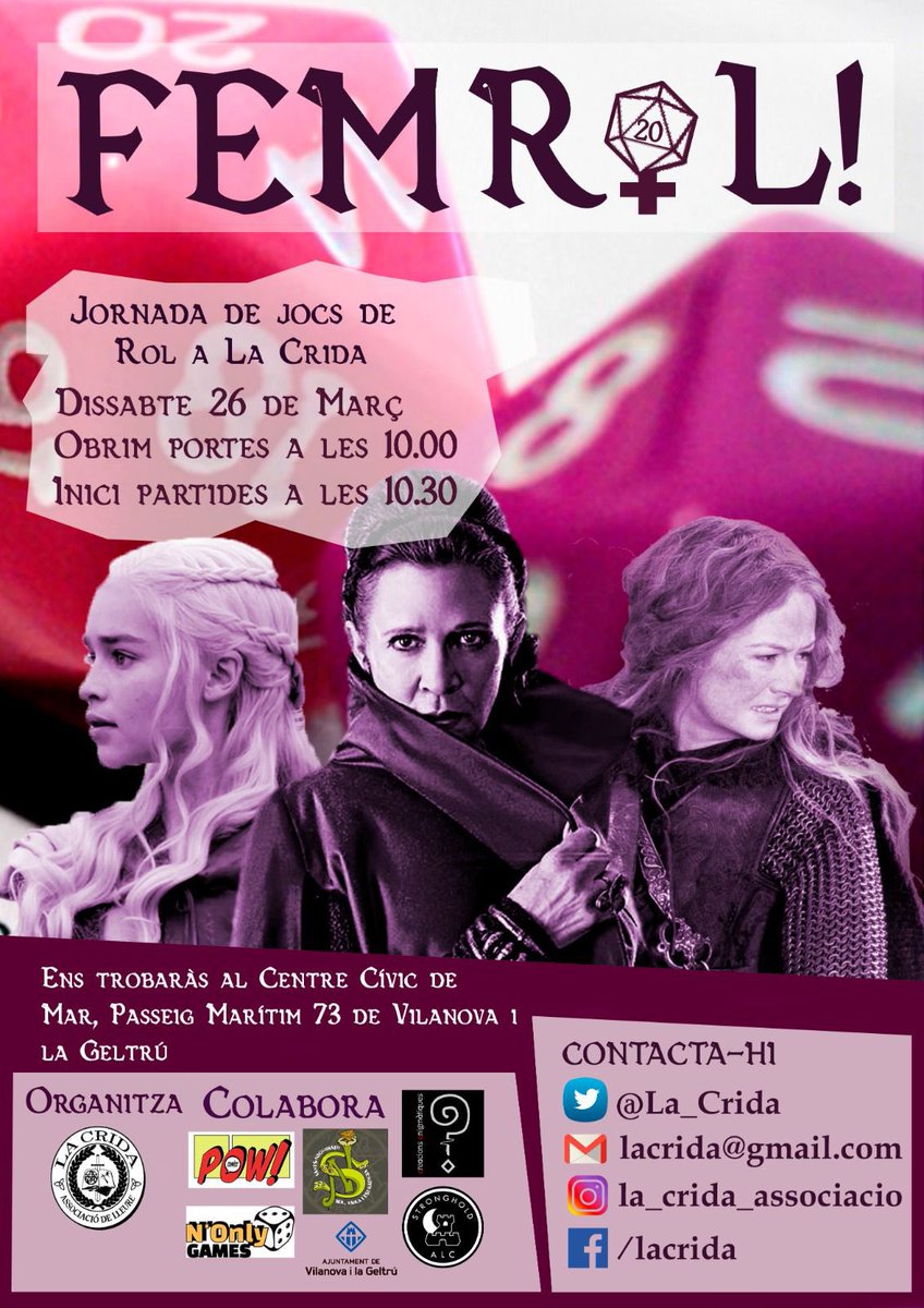 El dissabte 26 de març celebrem les primeres jornades FemRol! de “La Crida” a Vilanova i la Geltrú. Us hi esperem!

docs.google.com/forms/d/e/1FAI…
 <a href="/comicspow/">Pow! Comics</a> <a href="/SantsNiggurath/">Sants-Niggurath</a> <a href="/ALC_Stronghold/">ALCStronghold</a> <a href="/NonlyGames1/">N'only Games</a>