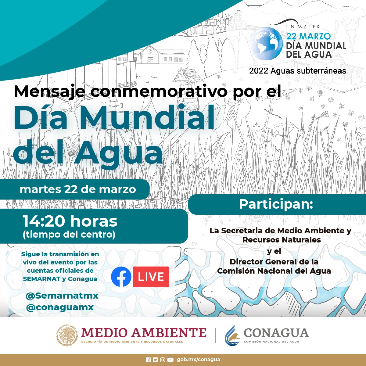 conagua_mx's tweet photo. La transmisión en vivo del "Mensaje con Motivo del #DíaMundialDelAgua",  cambió a las 14:20 horas. Gracias por su atención.

¡Te esperamos en nuestro FacebookLive! https://t.co/mWSA8tngoi