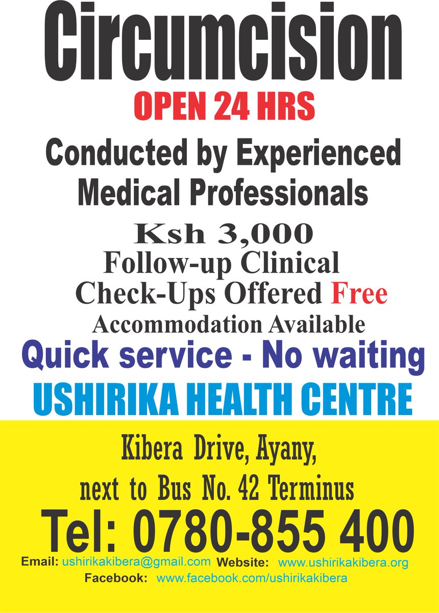 UshirikaKibera's tweet photo. Affordable Circumcision services
Ushirika Health Centre, Kibera 
Amerix #Health #Circumcision #Boychild https://t.co/kFHFjbnIUU