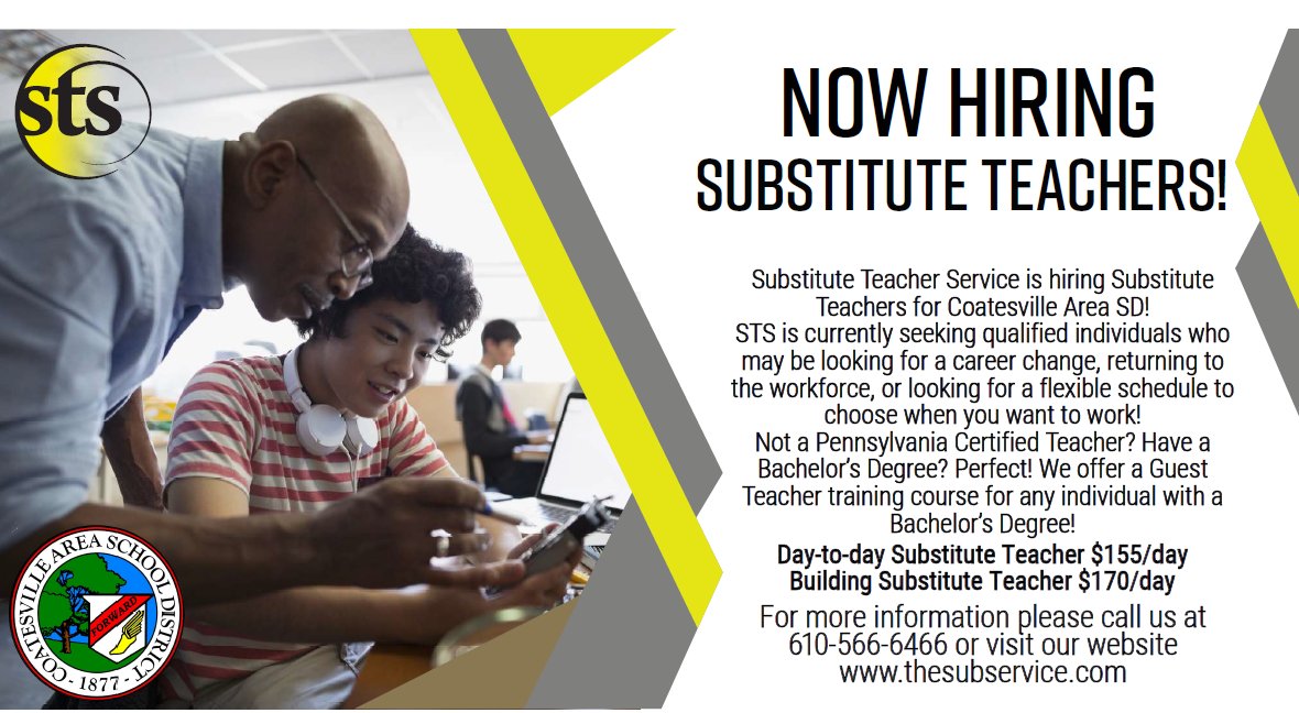 CoatesvilleASD's tweet photo. Substitute Teacher Service (STS) recently increased their rates for substitute teachers working in the Coatesville Area School District! Now is the perfect time to sign up with STS if you're looking for a flexible work schedule. Join us and make a difference today! https://t.co/023cNALQ53