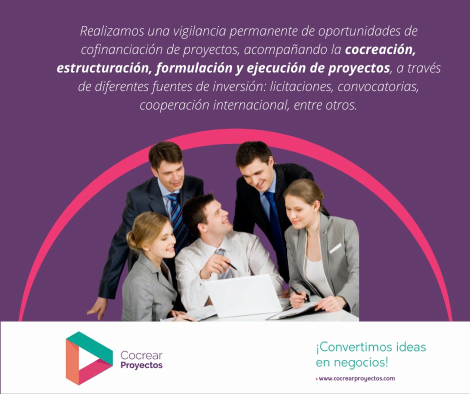 CocrearP's tweet photo. 🟣 ¿Cómo gestionamos proyectos de CTeI?

Realizamos una vigilancia permanente de oportunidades de financiación de proyectos, acompañando todo el proceso de cocreación, estructuración, formulación y ejecución, a través de diferentes fuentes de inversión.

Contáctanos para +info👇 https://t.co/9JcpspZePB