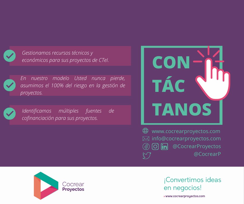 CocrearP's tweet photo. 🟣 ¿Cómo gestionamos proyectos de CTeI?

Realizamos una vigilancia permanente de oportunidades de financiación de proyectos, acompañando todo el proceso de cocreación, estructuración, formulación y ejecución, a través de diferentes fuentes de inversión.

Contáctanos para +info👇 https://t.co/9JcpspZePB