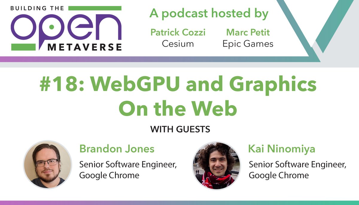 CesiumJS's tweet photo. NEW! Building the Open #Metaverse Ep. 18: WebGPU and Graphics on the Web - Brandon Jones and Kai Ninomiya of @googlechrome join @pjcozzi to talk about the origin of #WebGPU and the current state of its ecosystem. https://t.co/b7Eu9ntsIp https://t.co/h6hXgmFBYU