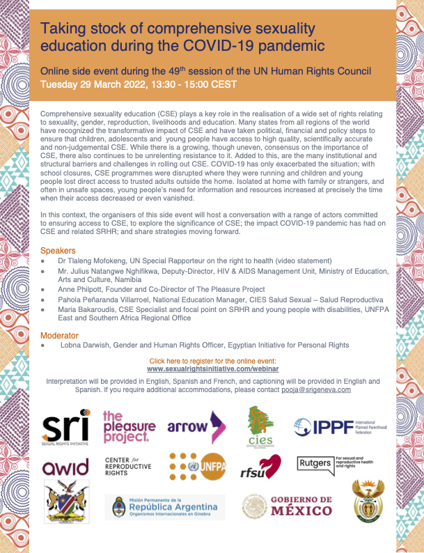 SexualRights's tweet photo. 📢 Taking stock of #ComprehensiveSexualityEducation during the #COVID19 pandemic 📢

📅 Tuesday 29 March, 13:30-15:00 CEST

📺 Join us for this #HRC49 side event with a wide range of panelists committed to ensuring access to #CSE.

➡️ Register at https://t.co/UqoWIE1fSi https://t.co/HBvkn229z8