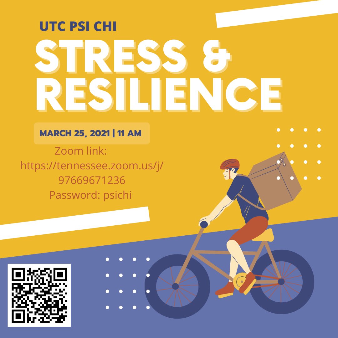 psichiutc's tweet photo. This Friday, March 25 at 11 am, join Psi Chi as we discuss stress and resilience in college students!

Everyone is welcome, you don't have to be a member of Psi Chi to attend!

Join us in 541 McCallie, scan the QR code or join via Zoom: https://t.co/50O1Jgunr6 https://t.co/kl6LBDbDm2