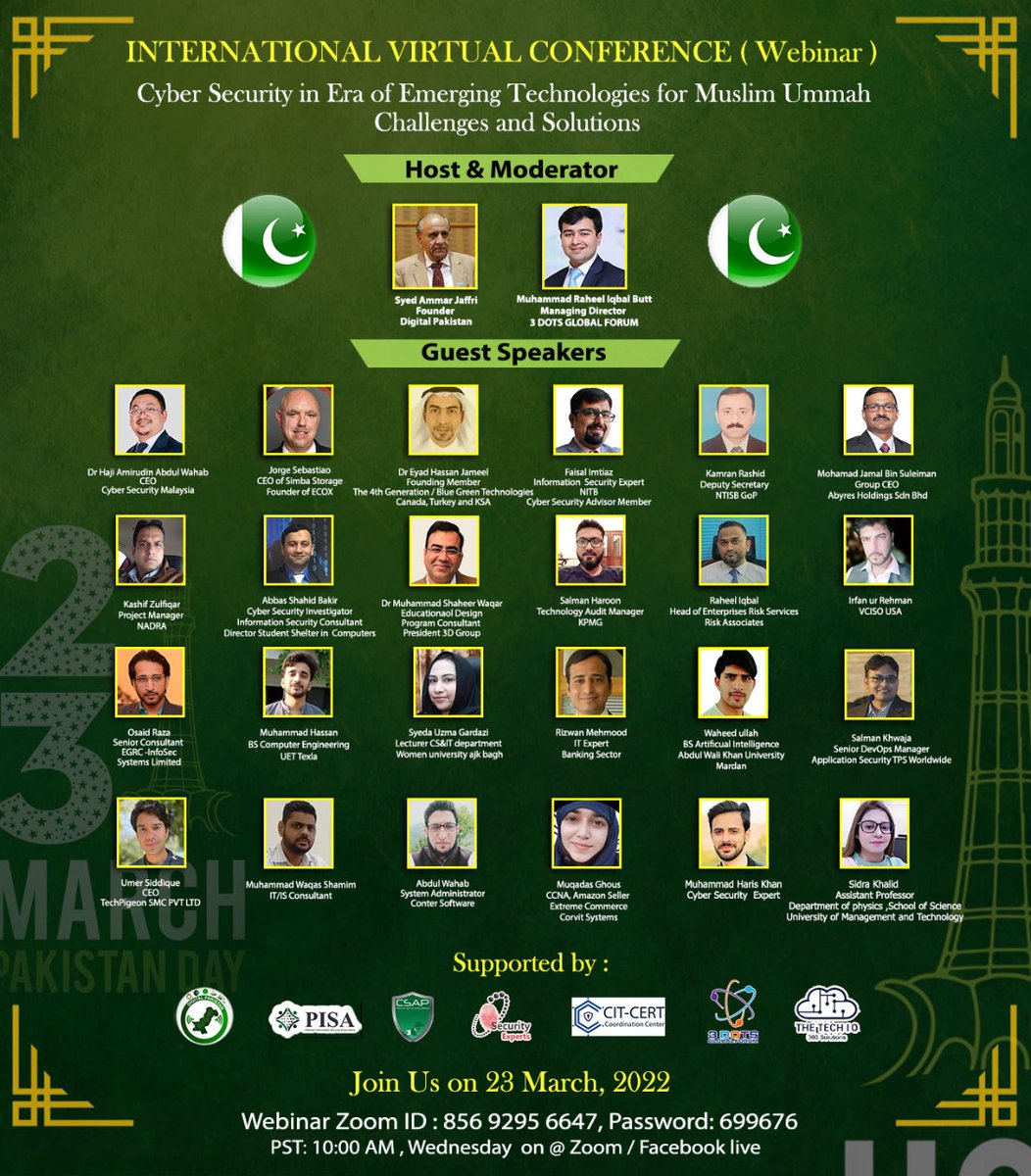 seomarketingus's tweet photo. Abbas Shahid Baqir Director Student Shelter In Computers Speaker OIC Cyber Security Conference
PK Time: Mar 23, 2022 10:00 AM
Join Zoom Meeting: 
https://t.co/zG8lk2JghM...
Meeting ID:856 9295 6647
Passcode:699676
 #OICConferencesPK2022 #Pakistan #OICInPakistan #OIC48CFM #Lahore https://t.co/wCj1ameVtv
