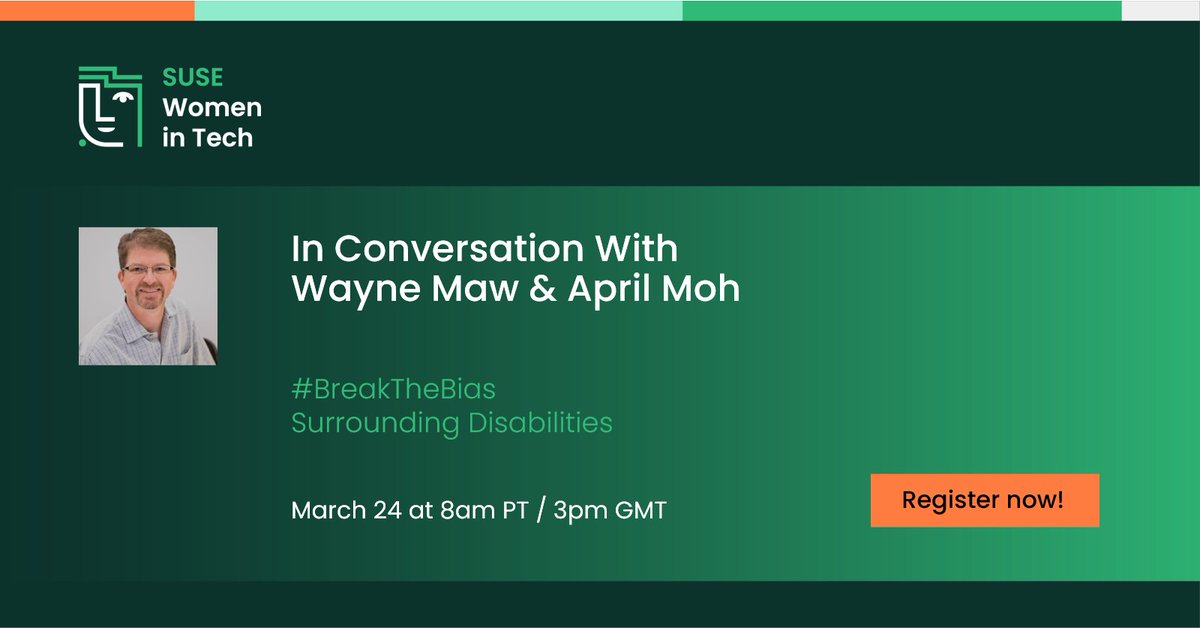 SUSE's tweet photo. Join us for a #WomensHistoryMonth conversation, featuring #SUSEWomeninTech Executive Sponsor April Moh and Global Security Solutions Director Wayne Maw as they discuss adaptability and Wayne's personal story battling young onset #ParkinsonsDisease. 

https://t.co/OeR2mSYMe0 https://t.co/d7p7ZN605R