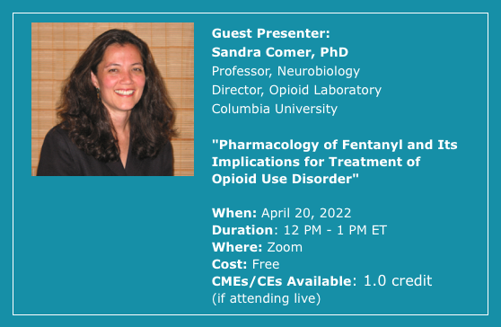 vtcenterbh's tweet photo. We are excited to welcome Sandra Comer, PhD to our #VCBHLectureSeries on Wednesday, April 20th at 12 PM ET! Dr. Comer will discuss the "Pharmacology of #Fentanyl and Its Implications for Treatment of #Opioid Use Disorder." https://t.co/c51NNh6edp https://t.co/zYJ2aXxq6s