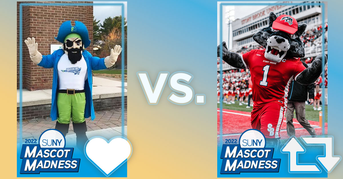 SUNY's tweet photo. Bonus votes for round 1 of #SUNY #MascotMadness 2022. This is Region 3, Game 12:
Like = Reggie the Raider of @FMCC_SUNY 
RT = @WolfieSeawolf of @stonybrooku https://t.co/rQkcMQrLBO