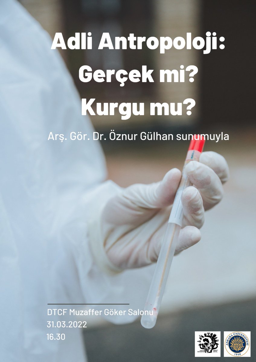 Arş. Gör. Dr. Öznur Gülhan hocamızın "Adli Antropoloji Gerçek mi Kurgu mu?" adlı sunumu 31 Mart Perşembe günü 16.30'da Dil ve Tarih Coğrafya Fakültesi'nde Muzaffer Göker salonunda yapılacaktır. Katılım formu için dm'den ulaşabilirsiniz.