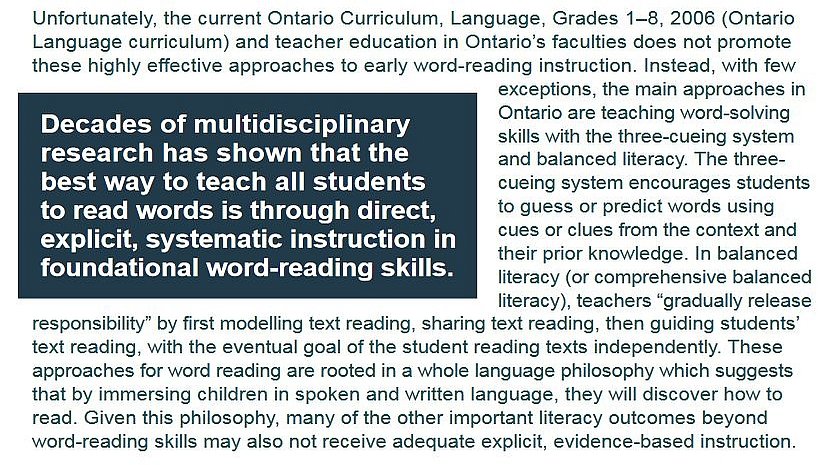 The "Right to Read" document put out by the Ontario Human Rights Commission is worth your time reading: ohrc.on.ca/sites/default/…
It thoroughly repudiates Three Cueing and Balanced Literacy, and it places decoding front and center in literacy acquisition. 1/2