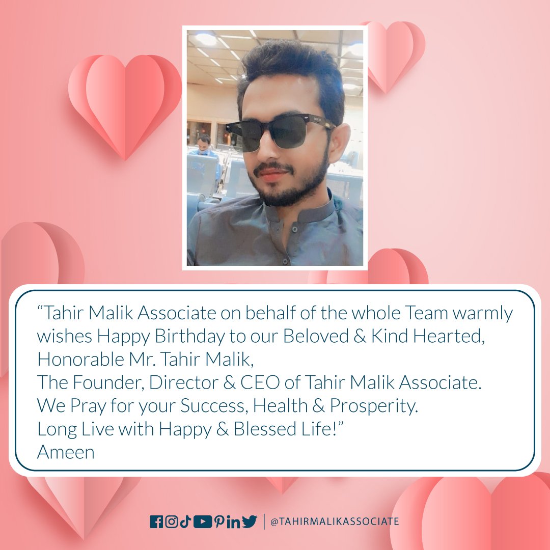 TMAssociate's tweet image. Tahir Malik Associate on behalf of the whole Team warmly wishes Happy Birthday to Mr. Tahir Malik, Founder, Director &amp;amp; CEO of Tahir Malik Associate.

#tahirmalikassociate #pakistanday2022 #pakistanday #OIC48CFM #oicinpakistan #PakistanResolutionDay  #birthday