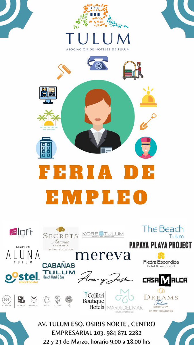 Ven este 22 y 23 de marzo a la feria de empleo.                                            En nuestras instalaciones de la AHT.
Frente a waldos y arriba de farmacias  similares. Horarios de 9-6 pm 
No faltes ☀️☀️
