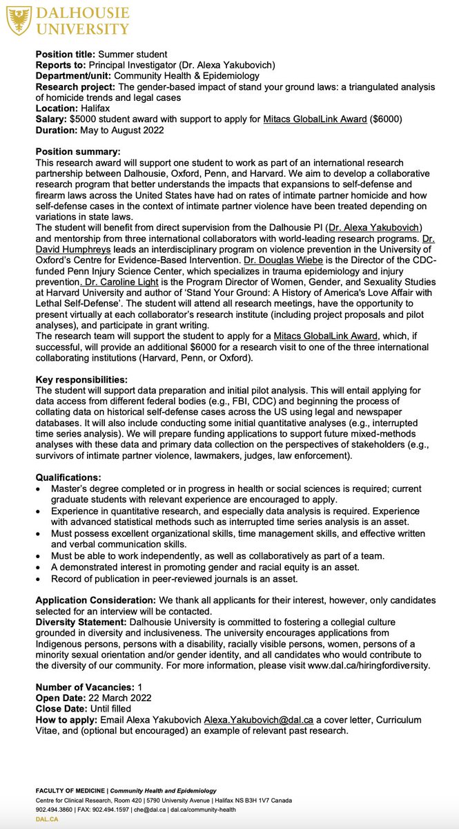 Alexa Yakubovich (@alexayakubovich) on Twitter photo Looking for a summer position? Join my team & work on analyses of the gender-based impacts of stand your ground & other expansions to self-defence & firearm laws. Opp to collab w/ world-leading & super supportive @DKHumphreys <a href="/DouglasWiebe/">Douglas Wiebe</a> @carolineelight. See pic for details! Looking for a summer position? Join my team & work on analyses of the gender-based impacts of stand your ground & other expansions to self-defence & firearm laws. Opp to collab w/ world-leading & super supportive @DKHumphreys <a href="/DouglasWiebe/">Douglas Wiebe</a> @carolineelight. See pic for details!