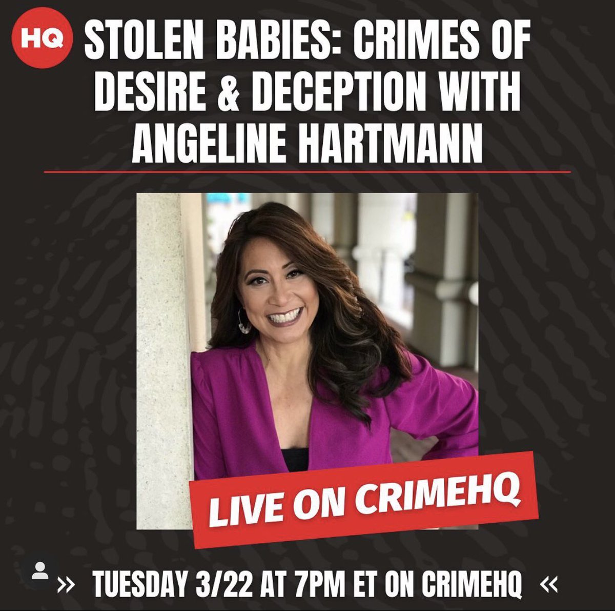 AngelineDC's tweet photo. Twitter friends, join me to chat live tonight about my podcast @inside_crime and lots more! Sign up at https://t.co/6lKOimsyRK 😎 Hope to see you at 7pm ET! #InsideCrime https://t.co/aZEwPfAli1