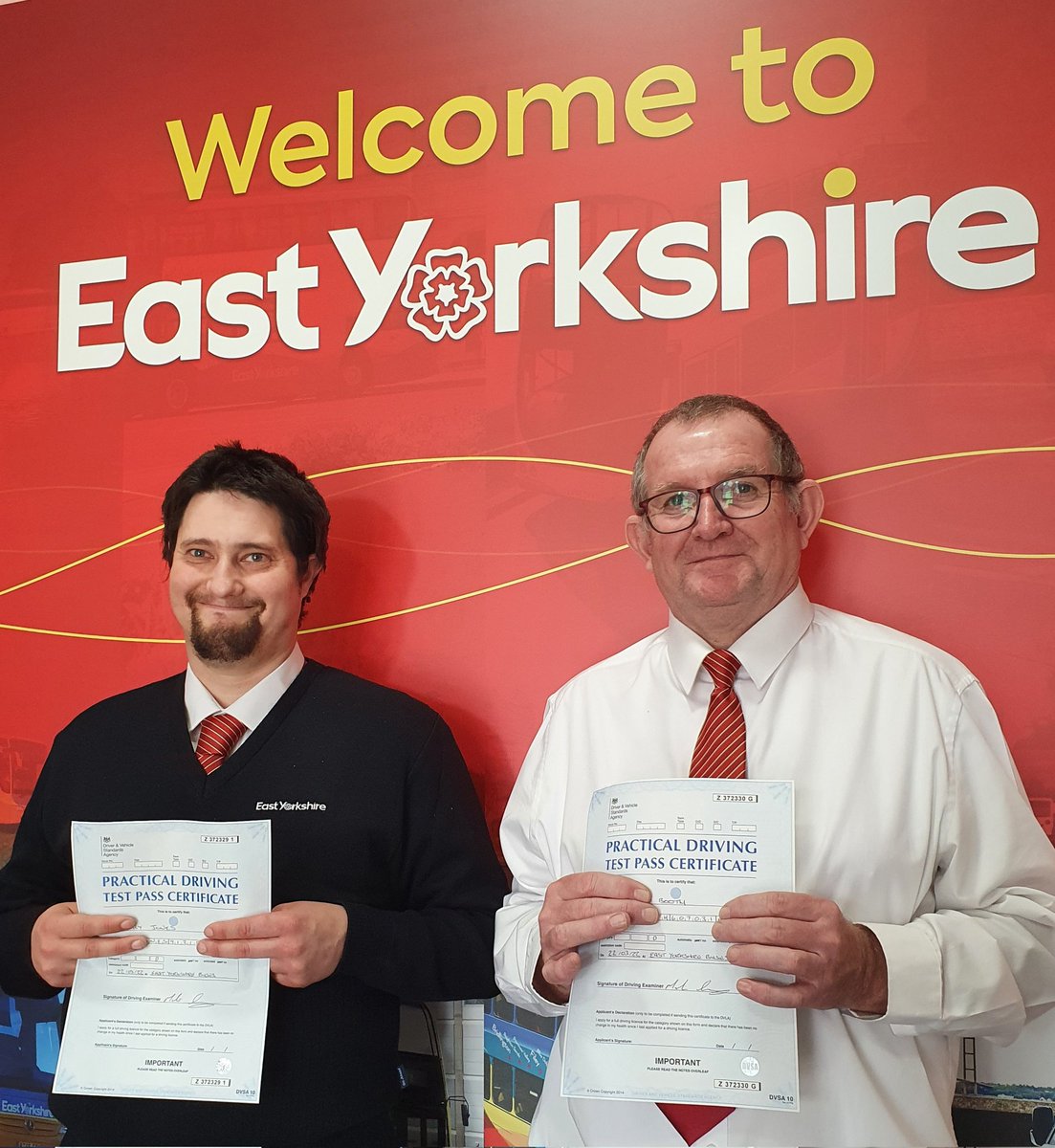 Welcome to East Yorkshire!
Positive results for our trainees Cory and Tony on passing their PCV practical driving tests today.
More great team work and an excellent well done to both Cory and Tony, both soon to be joining the <a href="/EYBuses/">East Yorkshire</a> driving team! 👍