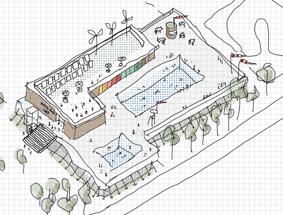 .<a href="/chrisromerlee/">Chris Romer-Lee</a>’s sketch for reusing the pool basins of the derelict #Winchester leisure centre. Remove the walls and roof, and there’s <a href="/LidoWinchester/">Lido Winchester</a>. #retrofit not demolition. (Sketch done on the train back to LDN! #wobbles) #FutureLidos #worldwaterday #lido
